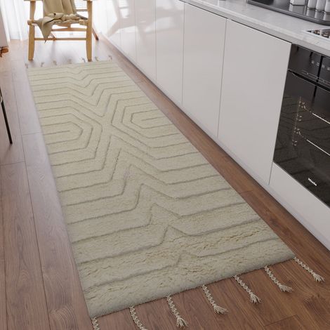 Tapis en laine Bedouin Natural - Tapis en laine - 300x80cm, Rectangular - 100% Laine vierge - Tufté main - Crème