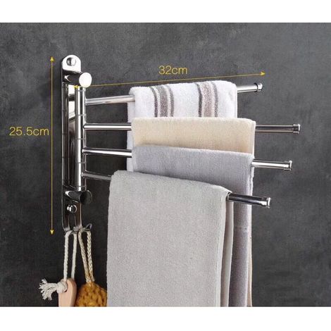 Porte-serviettes mural 4 barres, pivotant à 180°, en acier inoxydable SUS304, 32 cm, pour lavabo de salle de bain ou de cuisine - argent (1/4)