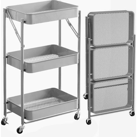 Carrello cucina Slim Pieghevole 3 Ripiani Metallo Trolley Servizio 4 Ruote Grigi (1/5)