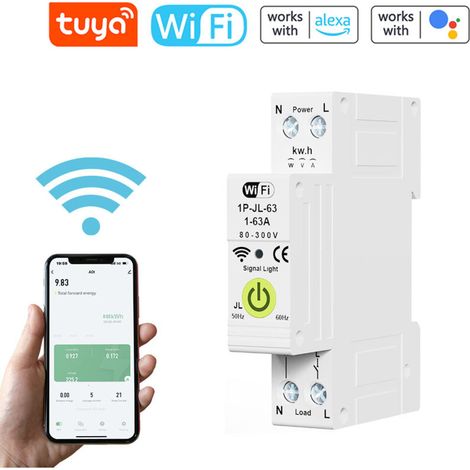 TUYA WIFI Disjoncteur intelligent Mesure de puissance Compteur d'énergie 1P 63A Voltmètre Ampèremètre Rail DIN Smart Life Télécommande sans fil Commutateur Minuterie Commande vocale
