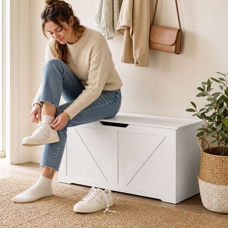 Coffre de rangement de 100 cm avec 2 charnières de sécurité, aspect bois blanc (1/5)