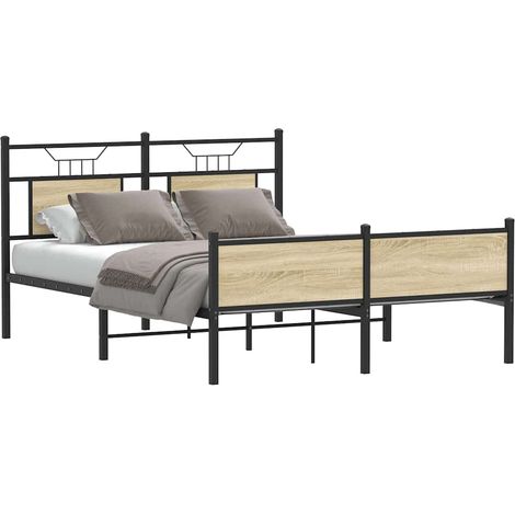 Cadre de lit 140 x 190 cm avec tête et pied de lit, bois et acier, chêne sonoma, sans matelas - PANGIVO (1/5)