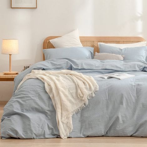 Parure de lit 2 pièces avec Housse de Couette 100% Coton lavé au Toucher Lin, Super Douce, Confortable, Chic et légère, Bleu Bleuet uni, lit Simple/Double XL (1/5)