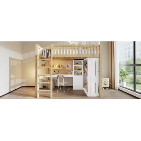 Hochbett,Schreibtisch, Kleiderschrank, 3 Schubladen, offener Stauraum, Geländer, Treppe, Ohne Matratze