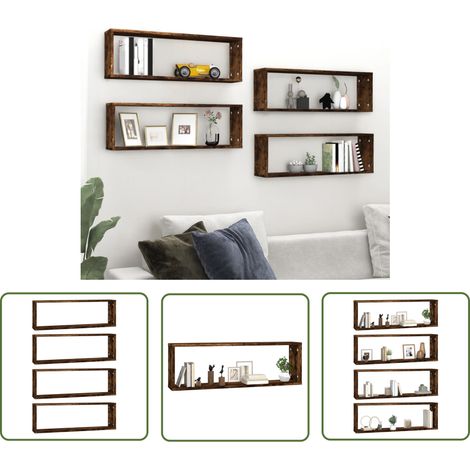 The Living Store Étagères murales cubiques 4 pcs Chêne fumé 80x15x26,5 cm - Étagères Murales - Étagères Cubes - Étagères Déco - Rangement Mural - Décoration Murale (1/5)