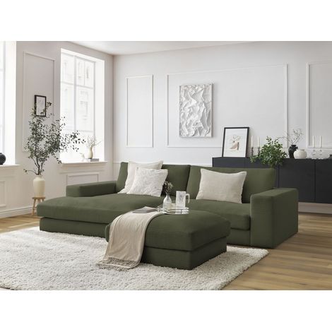 BOBOCHIC - Canapé d'angle fixe LEONARD velours côtelé avec pouf Angle gauche  Vert clair (1/5)