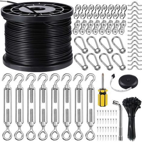 Kits para colgar luces de cadena, cable de acero inoxidable 304 revestido de 122 m (400 pies), cable guía para iluminación exterior, kit para colgar luces de cadena con forma de globo y tensores.