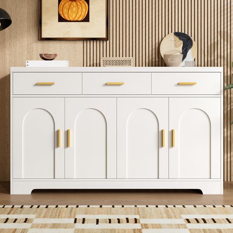 Buffet salon blanc à 4 portes cintrées et 3 tiroirs, étagères modulables, structure MDF, poignées métalliques dorées, 140x40x83 cm (1/5)