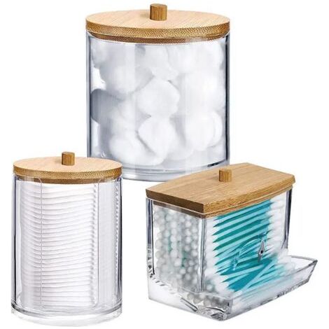 Sollbry 3 Pièces Distributeur de Coton Support de Coton Boite à Coton tige en Acrylique Organisateur Stockage de Coton avec Couvercles en Bambou (1/5)