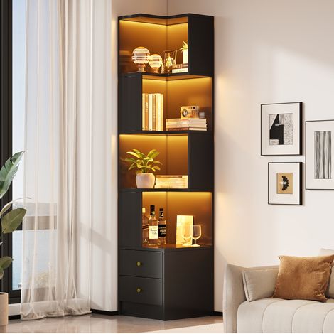Étagère d’angle L 45x43,5x180 cm en MDF noir, gain de place avec LED, salon FloraGrace (1/5)