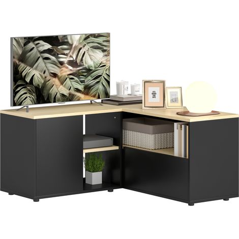 Homcom – Meuble TV scandinave chêne et noir – 2 placards avec porte et 3 niches – Dimensions 90L x 90l x 45H cm – Charge max 80 kg (1/5)