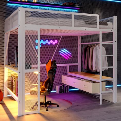 Lit mezzanine de jeu en métal blanc 140 x 200 cm avec port USB, éclairage LED, bureau, penderie ouverte et 3 tiroirs à linge.