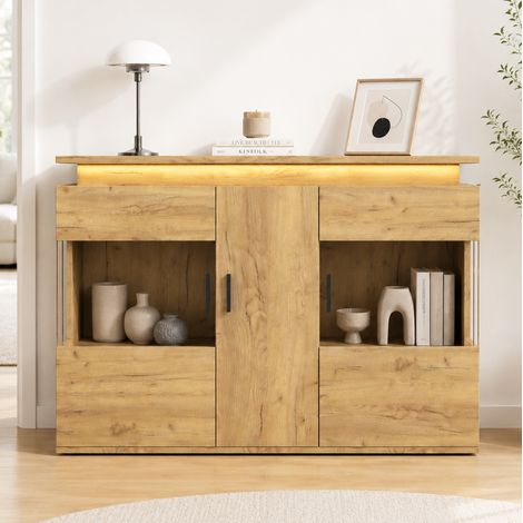Buffet moderne 120 cm avec LED 16 couleurs, prises USB et USB-C, portes vitrées, chêne clair (1/5)
