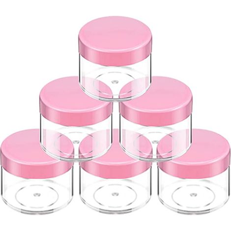 Pots ronds en plastique transparent étanche avec couvercles bleus pour le rangement en voyage de maquillage, cosmétiques, lotions, gommages, crèmes, huiles, baumes et onguents (6 pots) (1/5)