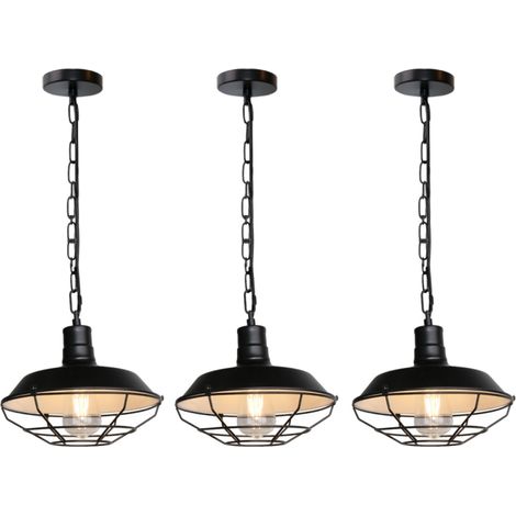 Lustre Suspension Industriel Vintage Luminaire Plafonnier Abat-jour Métal Lampe à Suspension Réglable E27 Noir + Blanc Ø26CM - 3Pcs (1/5)