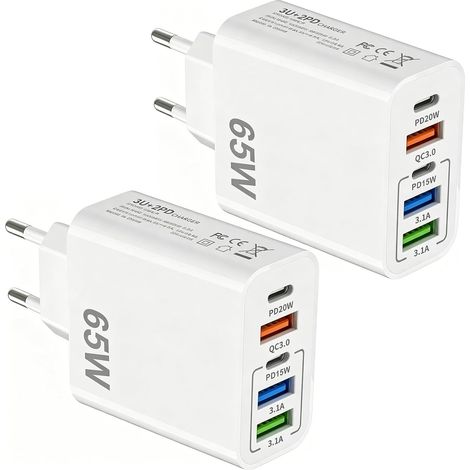 Chargeur USB 65W Rapide, Prise USB Multiple 5 Ports Adaptateur  2 USB C PD + 2 USB A + QC3.0 Adaptateur Secteur pour 17 16 15 14 13 12 11 Pro Max pour Galaxy S23 S22 S21 S20 Note A (1/5)