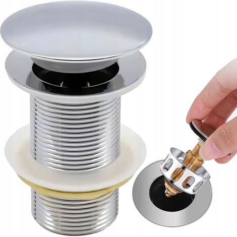 Tapón automático para lavabo con colador sin rebosadero, clic clac completo, plateado (1/4)