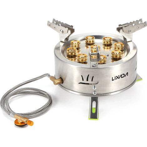 Réchaud à gaz de camping portable 12800W en acier inoxydable avec supports de casseroles antidérapants pliables, idéal pour la randonnée et la cuisine en extérieur. (1/3)
