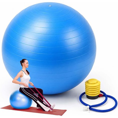 Relaxdays Pelota de gimnasia 65 cm, con bomba, anti-reventón, 150 kg, PVC, azul para yoga, pilates y oficina (1/5)