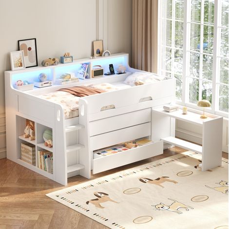 Lit mezzanine bas moderne 90x200 cm avec bureau mobile, 3 tiroirs, 7 étagères, LED et USB, blanc (1/5)