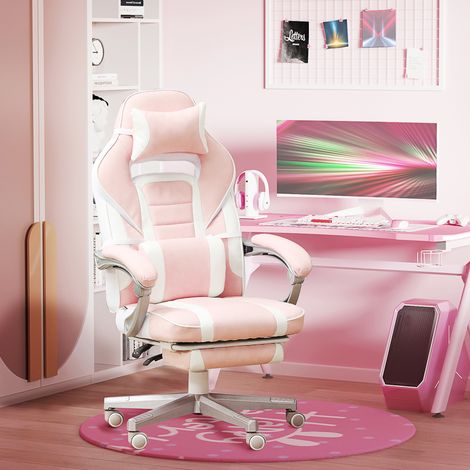 Chaise gaming avec repose-pieds en cuir régénéré rose, dossier inclinable à 150°, coussins lombaire et cervical réglables, hauteur ajustable pour bureau – CHICFURN (1/5)