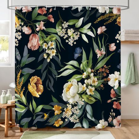 Rideau de Douche 180x180 cm Motif Floral Noir, Polyester Hydrofuge,12 Crochets Inclus, Décoration Élégante pour Salle de Bain (1/5)