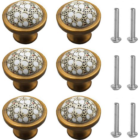 Poignée Meuble Porcelaine, 6Pcs Boutons de Porte et Tiroir, Pour Commode, Armoire de Cuisine, Bronze Vieilli, 32 24mm (1/4)