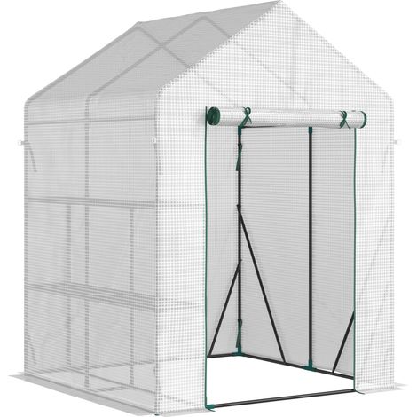Serre de jardin PE avec étagères 2 niveaux, serre de balcon, bâche renforcée 140 g/m², châssis en acier, porte zippée enroulable, pour légumes plantes fleurs, 143x143x195cm, blanc (1/5)