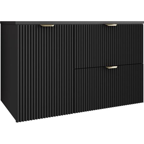 Mobile da bagno con frontale scanalato 100 cm (60+40) con cesto portabiancheria, nero, con maniglia dorata, 100 x 47 x 60 cm (1/5)