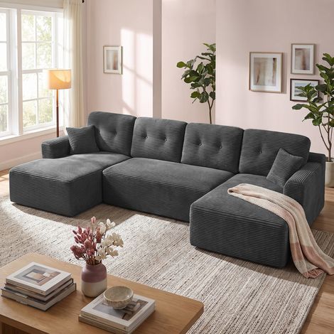 Canapé d'Angle Convertible Modulable en Velours Côtelé, Meuble de Salon, 336 x 154 x 89 cm, Gris anthracite (1/5)