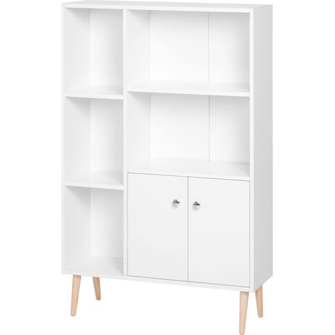 Bibliothèque scandinave meuble de rangement dim. 80L x 23,5l x 123H cm 5 niches placard 2 portes pieds effilés inclinés bois massif panneaux particules blanc