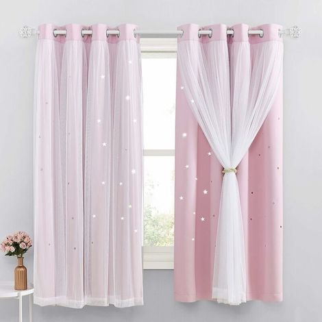 Rideau Occultant Rose Clair - Lot de 1 - Motif Étoiles pour Fille/Enfant - Doublure Thermique Lumineuse - 132x160cm - Décoration Chambre