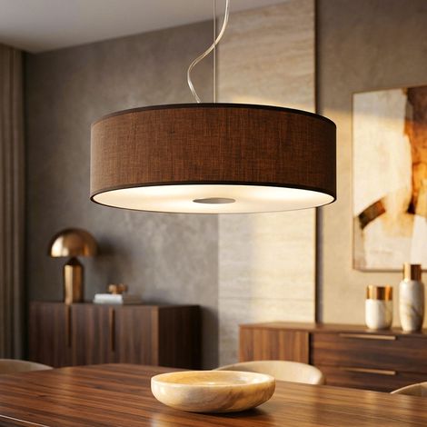 Hängeleuchte Wohnzimmerlampe hängend rund 1 flammig Pendelleuchte Stoffschirm Modern, Stahl gebürstet, Glas satiniert, 1x E27, DxH 45x175 cm (1/5)