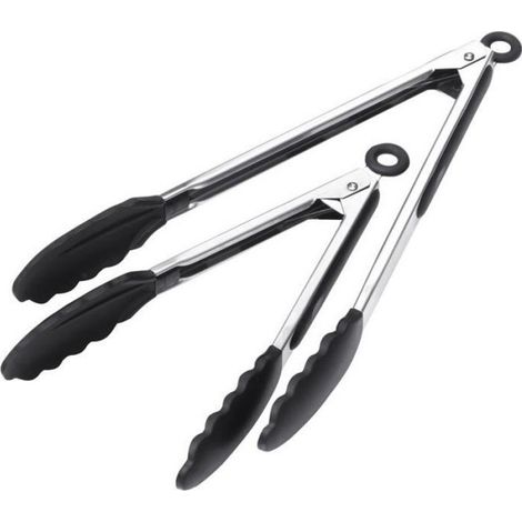 Pince De Cuisine - Résistante À La Chaleur - Extrémités En Silicone Noir - Pour Barbecue Et Cuisson - Lot De 2 (30 cm Et 15 cm)