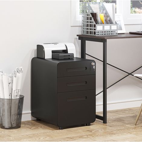 Caisson de bureau mobile 39x48x59 cm en acier noir, 3 tiroirs verrouillables, pour bureau – MEUBLIV (1/5)