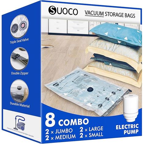 Vacuum Bags for Clothes with Electric Pump, 8 Combos (2XL+2 Large+2 Medium+2 Small), Compression Vacuum Storage Bag for Clothes, Travel, Moving