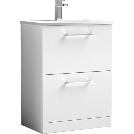 Balterley  Contemporary Bathroom 2-Drawer Floor-Standing Curved Basin Vanity Unit, Gloss White, 600mm
