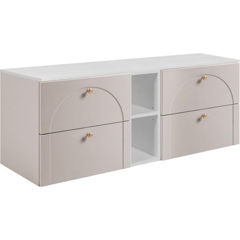 Meuble sous vasque suspendu AURA cachemire  avecplan et étagère blanc 140 cm K (1/5)