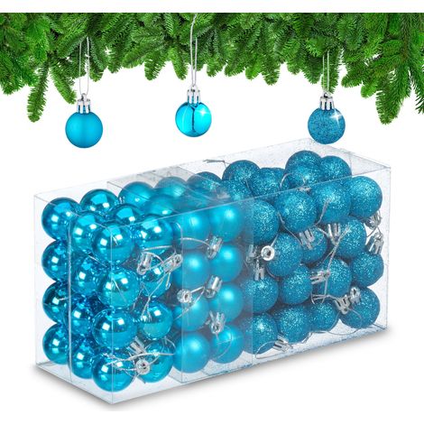 Relaxdays Weihnachtskugeln im 96er Set, glitzernde, matte & glänzende Baumkugeln, Weihnachtsbaumdeko, Kunststoff, petrol