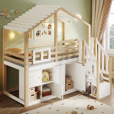 Lit mezzanine 90x200 cm - Forme maison - Avec barrières de lit - Avec rangement - Blanc + Naturel (matelas non inclus) (1/5)