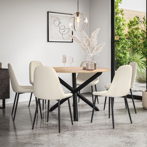 Malvern Round Dining Table And Chairs -  Oak Table Top w Solid Oak Black Legs + Maya Boucle Dining Chair Set Of 6 (Ivory White) (1/5)