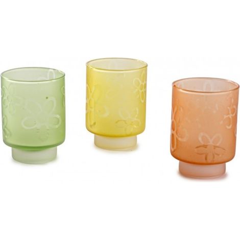 Porta candela  daisy assortimento di 3 pezzi realizzato in vetro assortito in 3 tonalità di colore verde giallo e arancione -7 x 7 x h 9cm (1/2)