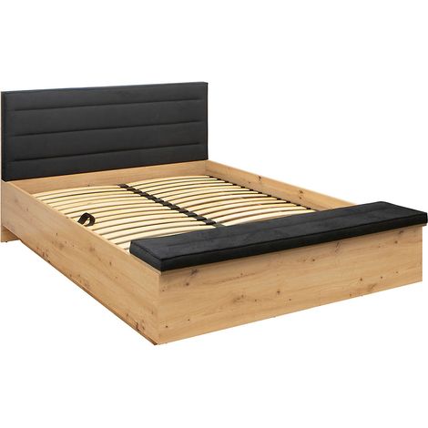Lit coffre adulte 160 x 200 cm avec sommier relevable coloris Chêne artisan / Noir - Longueur 203 x Profondeur 58 x Hauteur 220 cm (1/5)