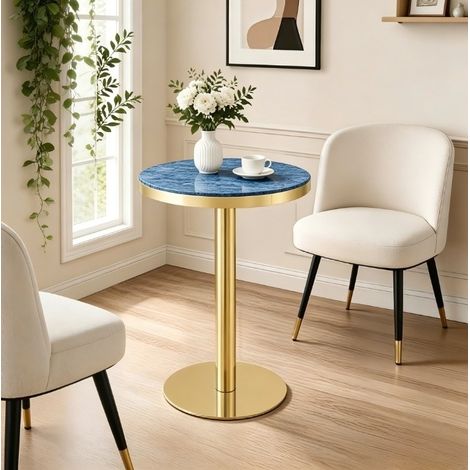 Mesa auxiliar redonda de MDF y metal, 60 cm, azul, efecto mármol (1/5)