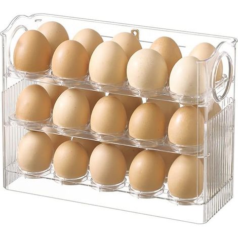 Porte-œufs en plastique pour réfrigérateur, boîte de rangement pour 30 œufs, plateau à œufs à 3 compartiments rabattable, rangement pour œufs frais sur le plan de travail (blanc) (1/5)