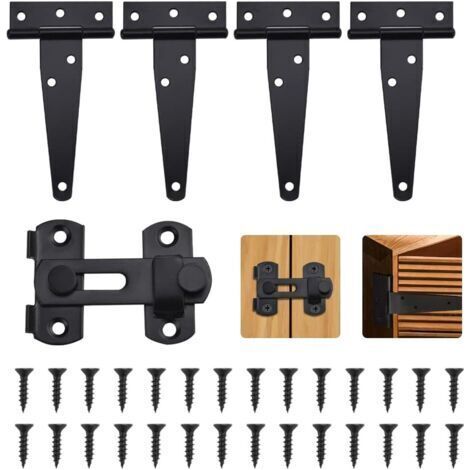 (Noir)5 PCS Charnière de Porte en T en Fer Galvanisé Charnière Porte de Grange Robuste avec Loquet de Porte en Acier Inoxydable et 28 Vis Charnières pour Portes en Bois Fenêtres, Tiroirs (1/5)