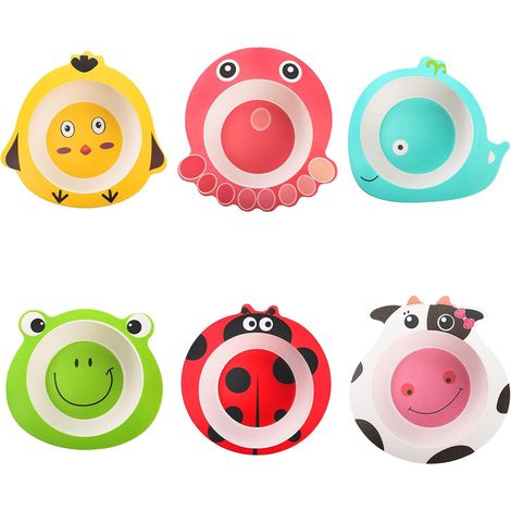 Ensemble de 6 pièces de vaisselle enfant en fibre de bambou, motif animaux de dessin animé, bol pour aliments complémentaires (1/5)