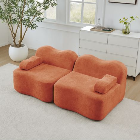 Canapé droit 2 places en velours orange, Canapé en forme vague modulaire, assise profonde, sans montage,192x98x70cm, pour petits espaces (1/5)