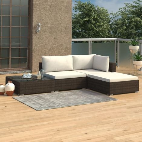 – Salon de jardin 4 pcs – Résine tressée marron – Coussins épais 6 cm – Canapé d'angle, central, repose-pied, table basse en verre trempé (1/5)