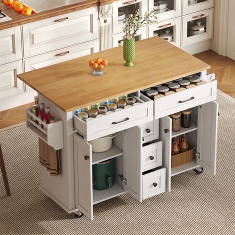 MEUBLIV carrello da cucina 140 x 65 x 89 cm bianco e naturale – piano estensibile (1/5)